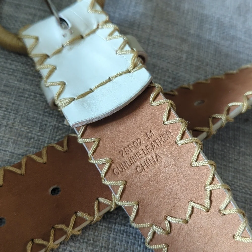 Ivory Genuine Leather Beaded Belt Gold Whipstitch Sequin Boho Western